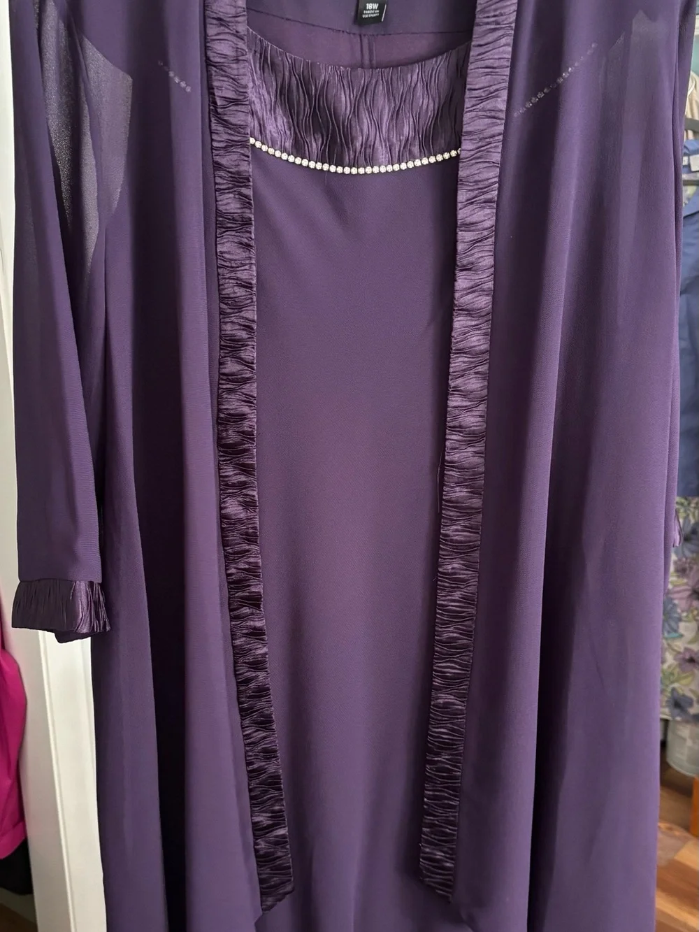 Plum Sheath with Sheer Overlay Set with Faux Pearl Trim